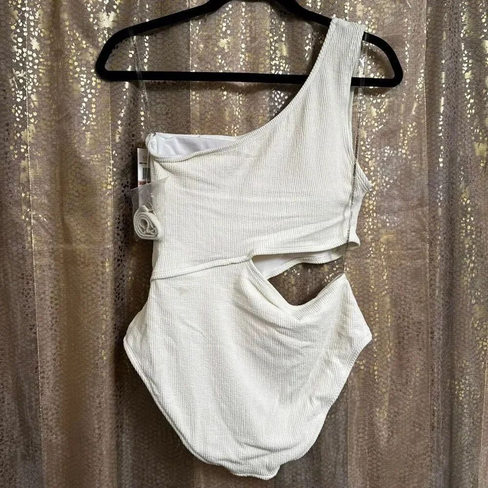 Michael Kors Ivory Bone Ribbed One Shoulder Cutout Swimsuit 12 NWT - Picture 2 of 10
